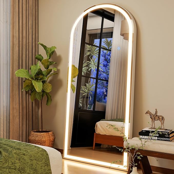 GLSLAND Arched LED Full Length Mirror - 65"x26" Full Body Standing Mirrors with Light for Bedroom/Cloakroom -Dimmable & 3 Color Lighting/Wall Mounted