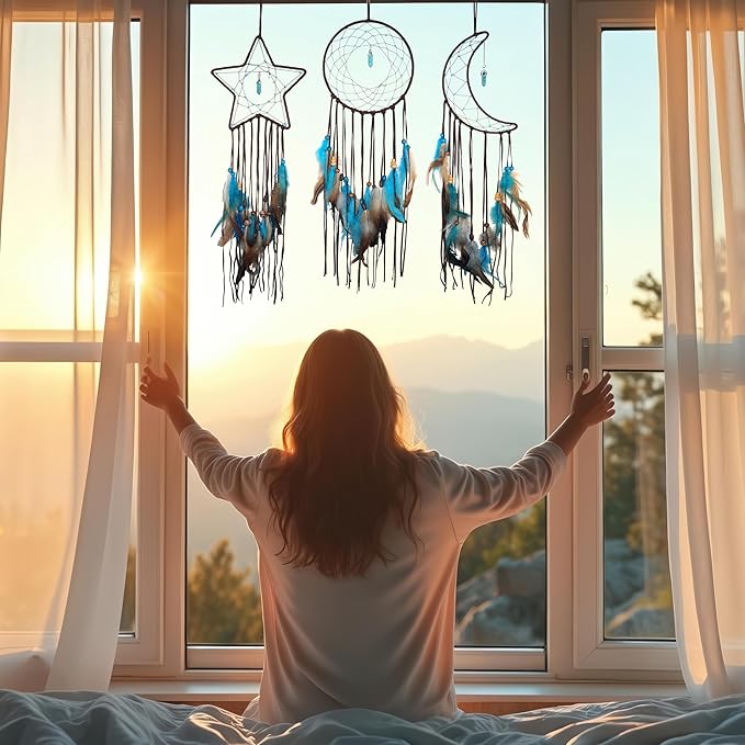 3PCS/LOT Star Moon Sun Shape Dream Catcher Home Decoration, and Baby Kids Room Accessory - Dream Catcher with Feather Decoration - Unique Home Craft Wall Pendant (Brown)
