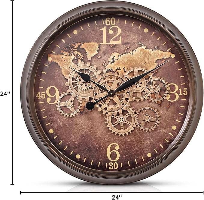 CLXEAST 24 Inch Large Wall Clock with Moving Gears, Industrial Clocks with World Map Dial, Oversized Cool Wall Clock for Living Room Decor,Oil Rubbed Bronze Brown