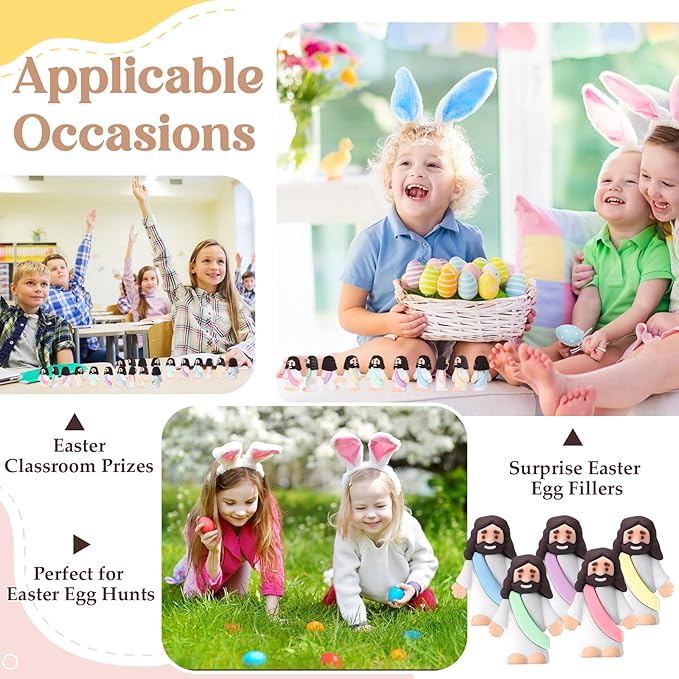 Bememo 100 Pcs Jesus Toys Original Design Mini Rubber Little Jesus Figurine to Hide and Seek Religious Party Favors Sunday School Craft Baptism Gifts for Easter Egg Stuffers (Macaron Color)