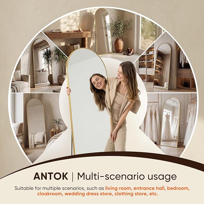 Antok Full Length Mirror, 82"x44" Floor Mirror, Arched Floor Standing Freestanding Arch Full Body Mirrors with Stand for Bedroom, Hanging Mounted for Living Room Cloakroom,Gold