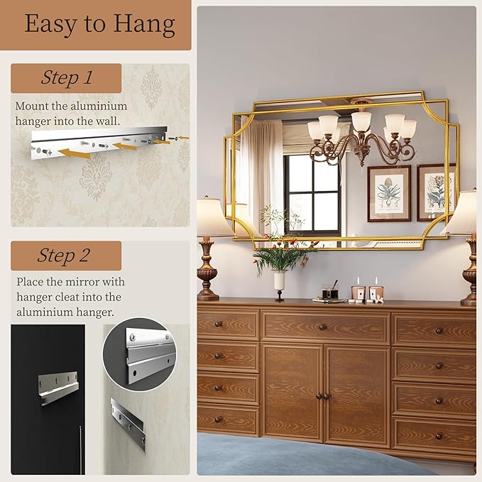 Kelly Miller Large Gold Mirror for Wall, 30"x46" Gold Bathroom Mirror Vanity Mirror Decorative Mirror Scalloped Beveled Mirror for Master Bath Half Bath Living Room Bedroom Farmhouse Fireplace Hallway