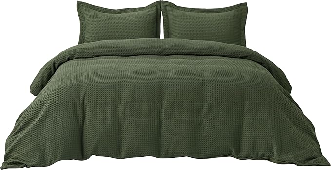 Bedsure Luxury Waffle Duvet Cover Queen Size - Textured Duvet Cover Set, Soft, Breathable Bedding Set (90"x90") with 2 Pillow Shams for All Season, Olive Green, Comforter Not Included