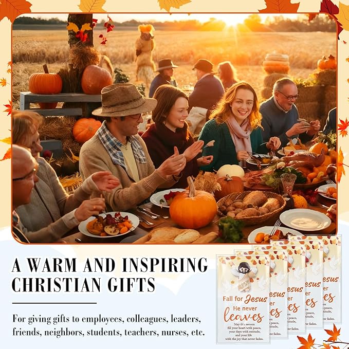 25 Pcs Thanksgiving Fall Jesus Figures Bulk 25 Fall for Jesus He Never Leaves Cards Little Maple Leave Figurines Greeting Cards Mini Pocket Figures for Religious Party Favors Gifts