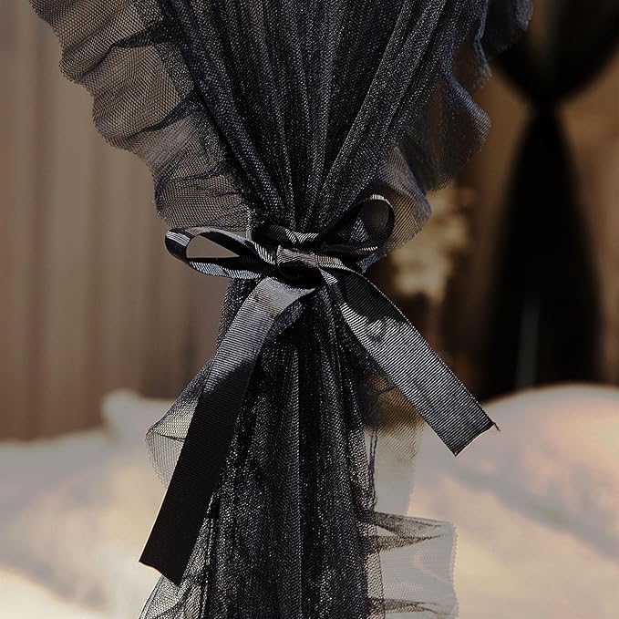 4 Corners Post Princess Curtains Bed Canopy for Girls 8 Panels Curtain- Double Layer Sheer Mesh Canopies Drapes Girls Room Decor (8P-Black/Black, 4P(27"x82") W+4P(40"x82") L/(Full))