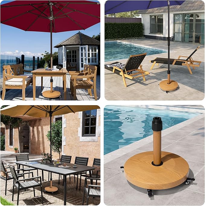 Patio Umbrella Base with 4 Wheels, 55lbs Round Heavy Duty Concrete Stand for Outdoor Market Umbrella, Wood Grain, Teak