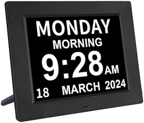 Digital Day Calendar Clock 5 Alarm Clock & 3 Medicine Reminders Extra Large 8 Inch Non-Abbreviated Day Date Month Dementia Senior Clocks for Eldarly Memory Loss Vision Impaired Clock