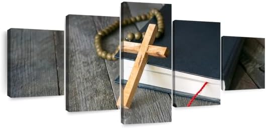 Elephant Stock Cross Canvas - 5 Panel Christian Pictures Decor - Canvas Print Wall Decor - Christian Cross Wall Art - 29" X 12"