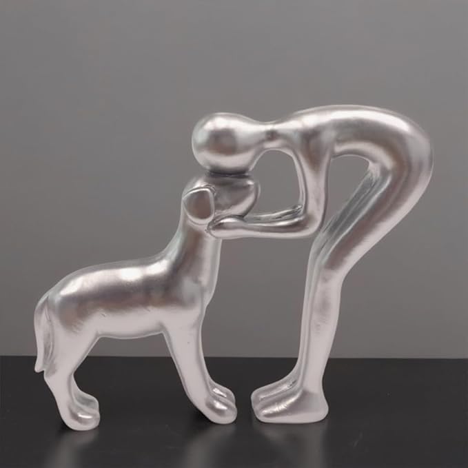 Human and Dog Statue Decoration, Cute Pet Sculpture Home Decor Tabletop Ornament Figurines Office Living Room Bedroom Home, for Dog Lovers Friends Family Decoration, Silver Color
