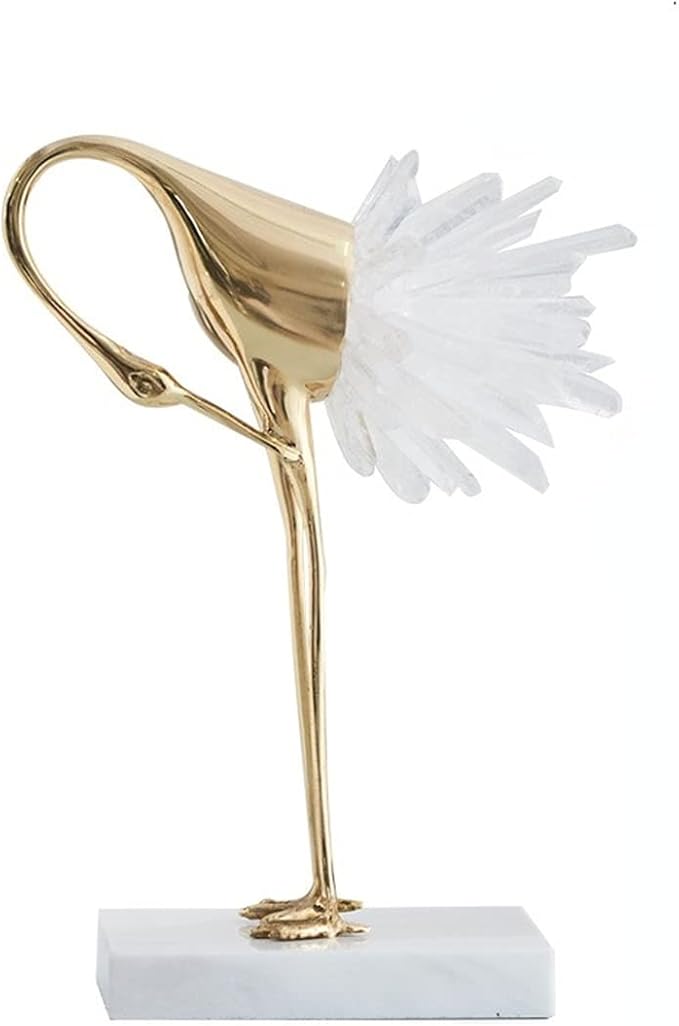 suruim Elegant Gold Crane Bird Statues with Crystal Tail Accents, Decorative Brass Figurines for Home Decor (White C)