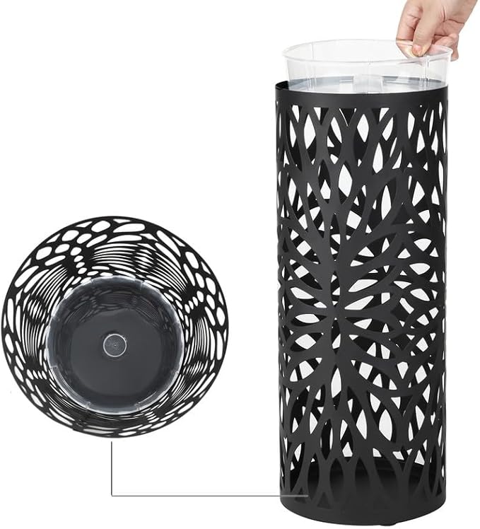 SONGMICS Umbrella Stand, Umbrella Holder for Entryway, Steel Round Umbrella Rack Freestanding, for Canes Walking Sticks, with a Detachable Drip Tray, 2 Long and 2 Short Hooks, Matte Black ULUC20B