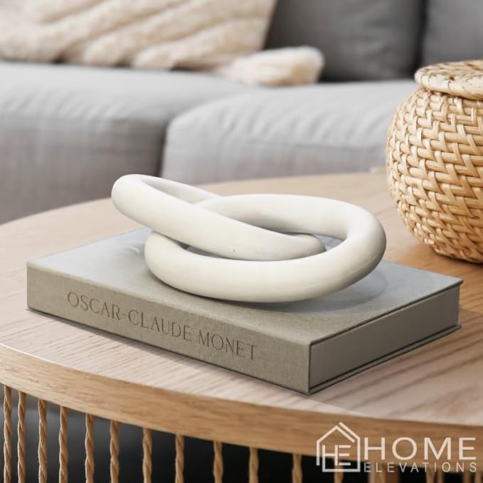 Wood Chain Link Decor – 13” White Wooden Decorative Object for Coffee Table Decor & Neutral Decor for Home – Modern Knot Accent for Shelf Styling, Books, or Housewarming Gifts