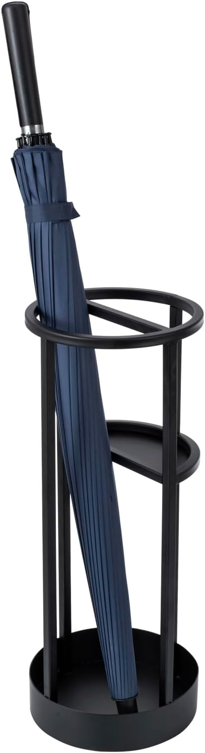 MyGift 20 Inch Tall Modern Round Matte Black Metal Freestanding Entryway Umbrella Rack or Cane Holder with Shelf for Small Umbrellas and Bottom Drip Catch