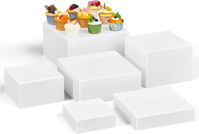 Leinuosen 6 Pcs Large Buffet Risers, 6 to 11 Inch Catering Dessert Table Risers Food Decorative Stands with hollow bottom for Catering Supplies, Party(White, Square)