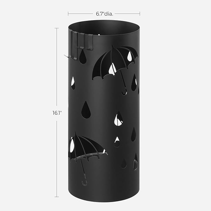 SONGMICS Umbrella Stand, Metal Umbrella Holder for Entryway, with Water Tray and 4 Hooks, 6.7 x 6.7 x 16.1 Inches, Round, Ink Black ULUC024B01