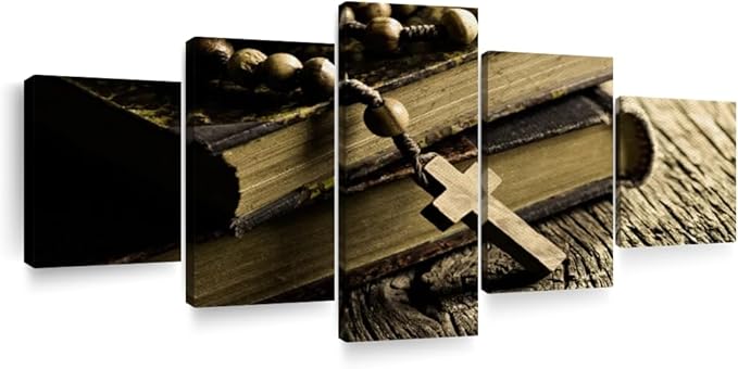 Elephant Stock Bible And Cross Wall Art Multi Piece Canvas - 5 Panel Christian Pictures Decor - Digital Design Canvas Print - Christian Wall Decor - 36" X 15"