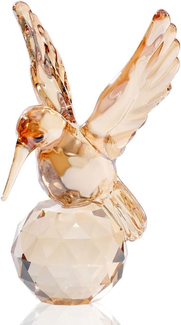 Crystal Glass Hummingbird Figurine Gold Tiny Bird Statue Hand Blown Glass Animal Sculpture Collectible Paperweight Gift for Women
