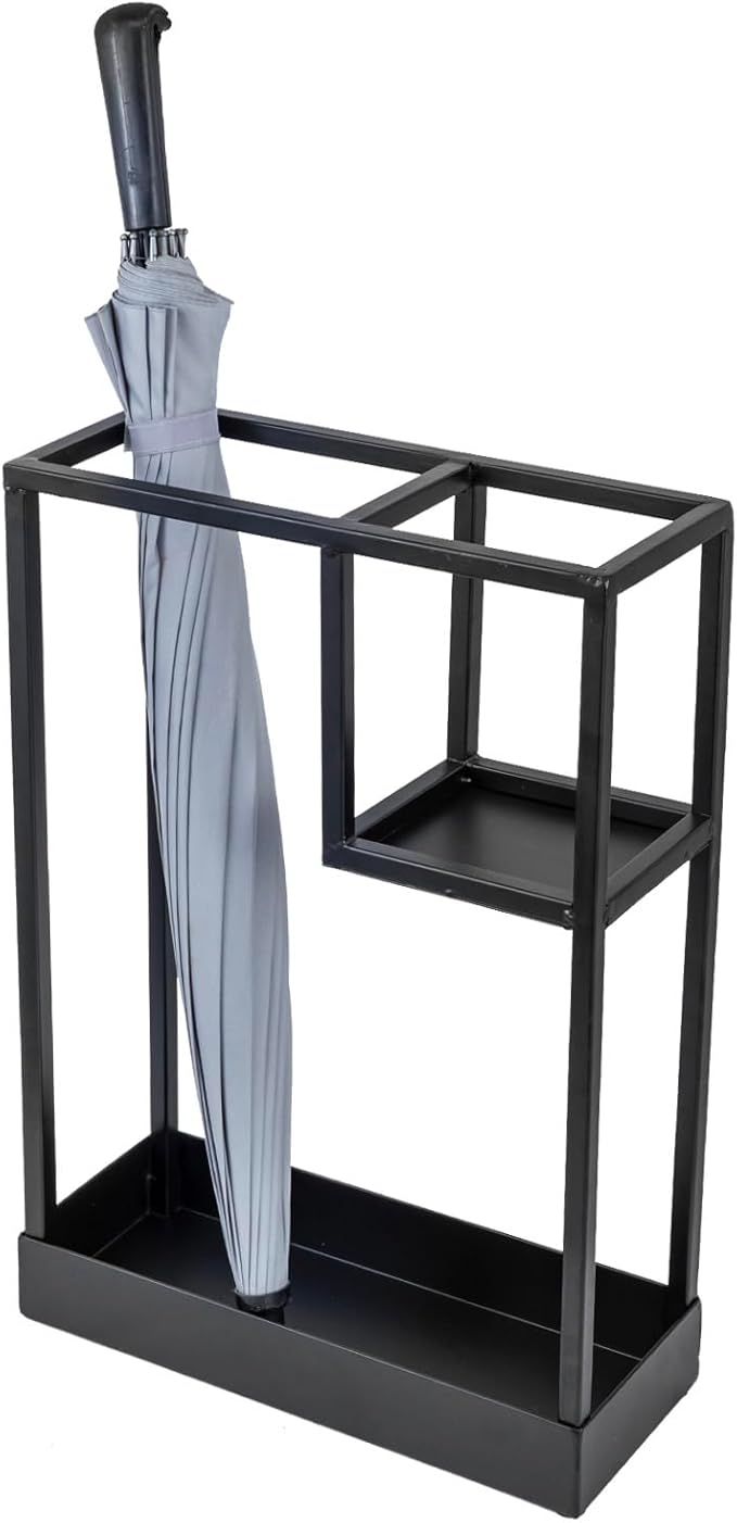 MyGift Modern Black Metal Entryway Umbrella Rack with Geometric Design, 13 x 5-inch Wide Rectangular Freestanding Cane Umbrella Holder with Shelf for Small Umbrellas and Bottom Drip Catch Tray