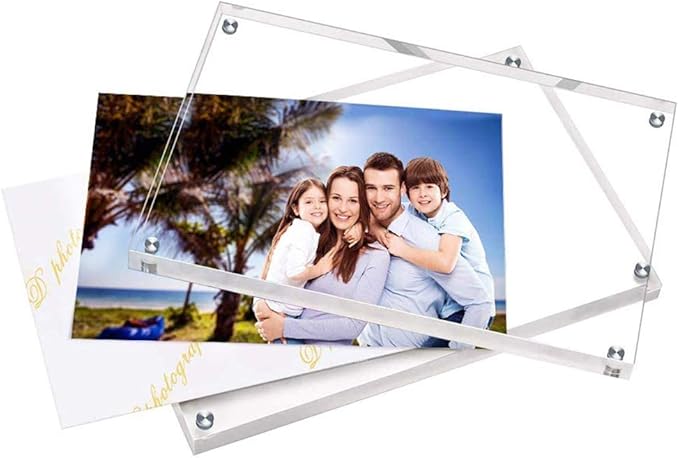 ILYXY 2 Pack Acrylic Frame 4x4, 20% Thicker, 20mm Thick Frameless Clear Picture Frame, Double Sided Magnetic Photo Frame, Free Standing Desktop Display Stand Acrylic Picture Frames