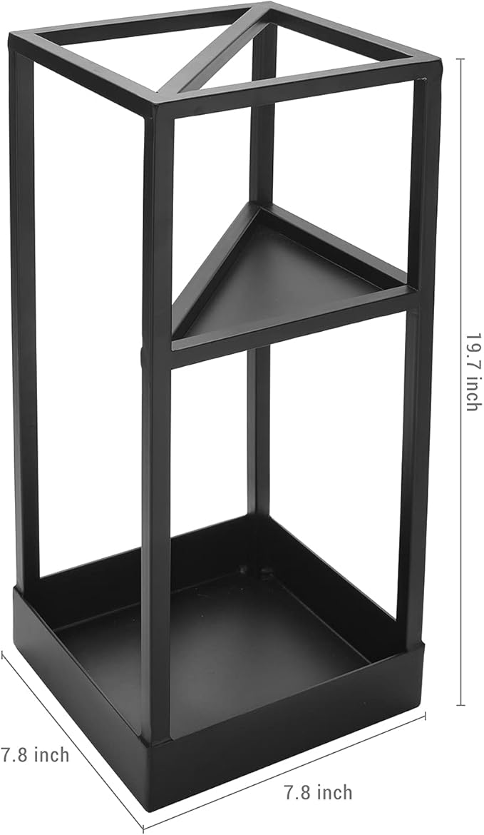 MyGift Umbrella Stand,Umbrella Holder for Entryway,20 Inch Tall Modern Metal Geometric Freestanding Umbrella Rack or Cane Holder with Shelf for Small Umbrellas and Bottom Drip Tray (Black)