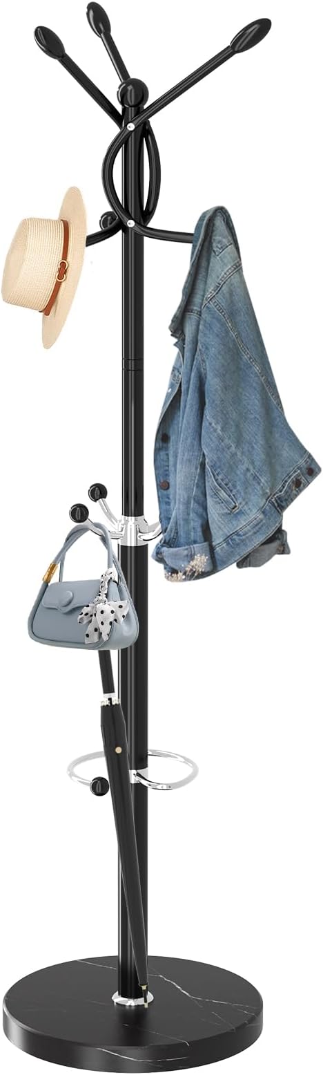 ZOZOE Metal Coat Rack Stand, Modern Coat Rack Freestanding with Natural Marble Base, Sturdy Coat Racks with 10 Hooks & Umbrella Holder,Black Coat Tree Hanger Stand for Bags,Hats,Entryway,Office