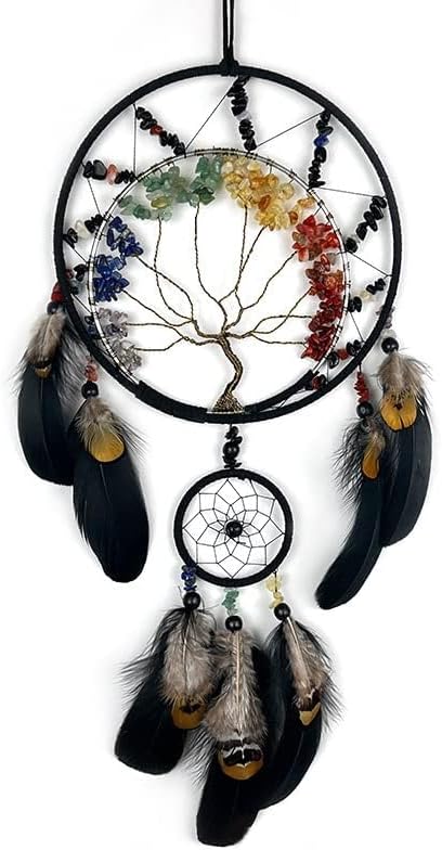 7 Chakras Black Tree of Life Dream Catchers Wall Decor with Rainbow Healing Crystal Stone Handmade Art Feather Dreamcatcher Wall Hanging Ornament for Bedroom Decor Blessing Gift Wedding Party-23.6"