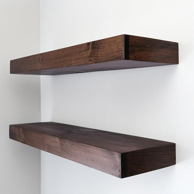 Urbandi Modern Floating Shelves 3 Inches Thick for Wall, Wide Shelves for Kitchen, Living Room, Bedroom, and Bathroom, Natural Pine Wood, Rustic Wooden Shelf, (Set of 2) (Provincial, 60Lx3Hx8D)