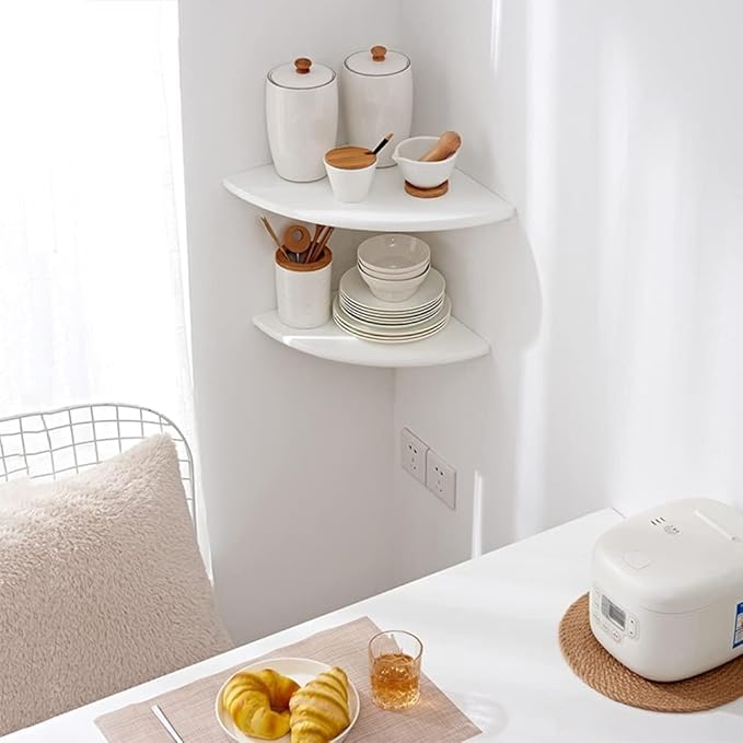 Corner Shelf, Solid Oak Wood Floating Corner Shelf Wall Mount Round End Floating Speaker Shelves with Wire Hole for Small Plant Photo Frame for Bedroom Kitchen, Living Room (White, 7.1in)