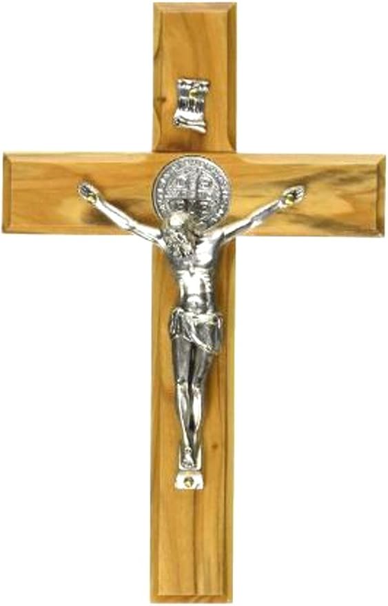 Holy Land Market Saint Benedict Holy Land Olive Wood Cross Wall Crucifix - Handmade Silver Tone Corpus, 14 Inches