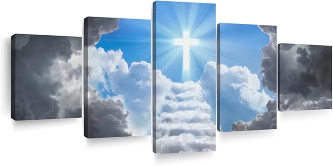 Elephant Stock Stairway To Jesus Christ Wall Art Multi Piece Canvas - 5 Panel Christian Pictures Decor - Digital Design Canvas Print - Christian Wall Decor - 80" X 36"