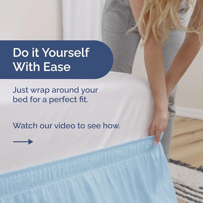 Wrap Around Dust Ruffle Bed Skirt - Light Blue - for King Size Beds with 15 Inch Drop - Elastic Strap - Adjustable Pleated Bedskirt with Brushed Fabric and Wrinkle Free - for Women, Men, Kids & Teens