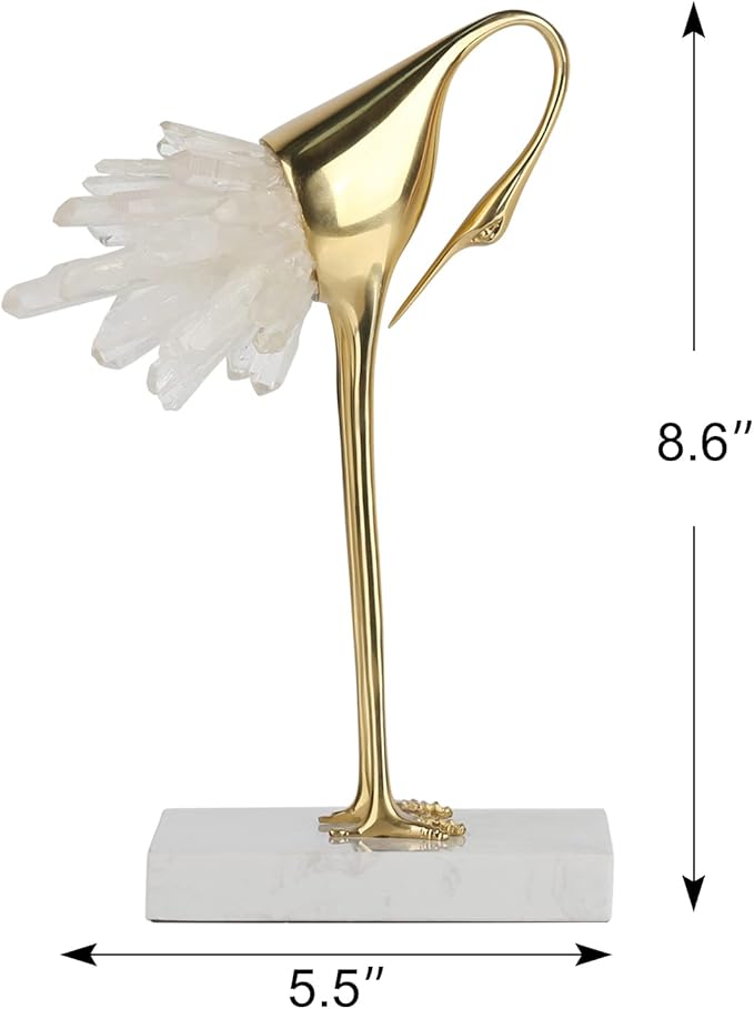 suruim Elegant Gold Crane Bird Statues with Crystal Tail Accents, Decorative Brass Figurines for Home Decor (White C)