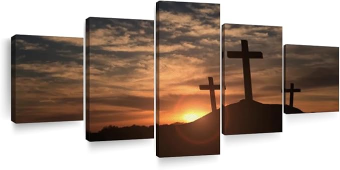 Elephant Stock Cross Silhouettes Wall Art Multi Piece Canvas - 5 Panel Christian Pictures Decor - Digital Design Canvas Print - Christian Wall Decor - 92" X 42"