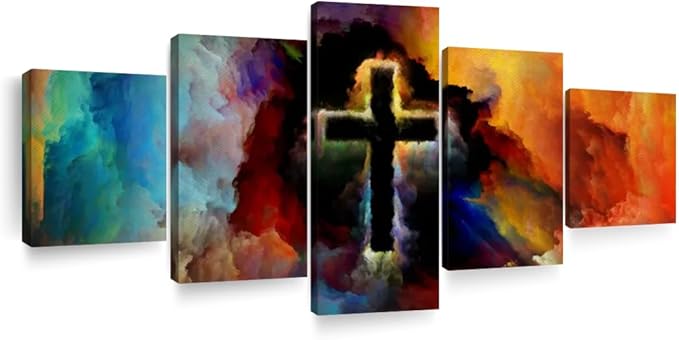 Elephant Stock Colorful Cross Wall Art Multi Piece Canvas - 5 Panel Christian Pictures Decor - Digital Design Canvas Print - Christian Wall Decor - 68" X 30"
