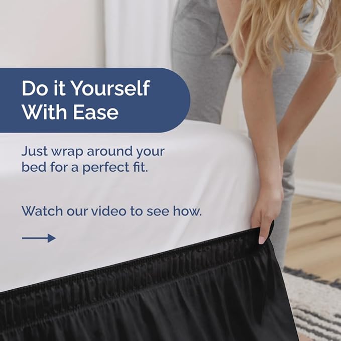 Wrap Around Dust Ruffle Bed Skirt - Black - for King Size Beds with 15 Inch Drop - Easy Fit Elastic Strap - Adjustable Pleated Bedskirt w/Brushed Fabric - Wrinkle Free - for Women, Men, Kids & Teens