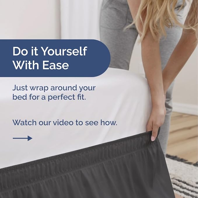 Wrap Around Dust Ruffle Bed Skirt - Charcoal - for Queen Size Beds w/ 12 Inch Drop - Easy Fit Elastic Strap - Adjustable Pleated Bedskirt w/Brushed Fabric - Wrinkle Free - Women, Men, Kids & Teens