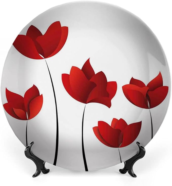 Ceramic Display Plate, Floral Ceramic Hanging Decorative Plate, Valentines Rose Petals Vivid Blossoms Florets, 7 Inch, Household Custom Ceramic Plate, Red