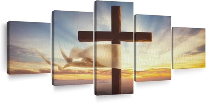 Elephant Stock Holy Cross Wall Art Multi Piece Canvas - 5 Panel Christian Pictures Decor - Digital Design Canvas Print - Christian Wall Decor - 42" X 19"