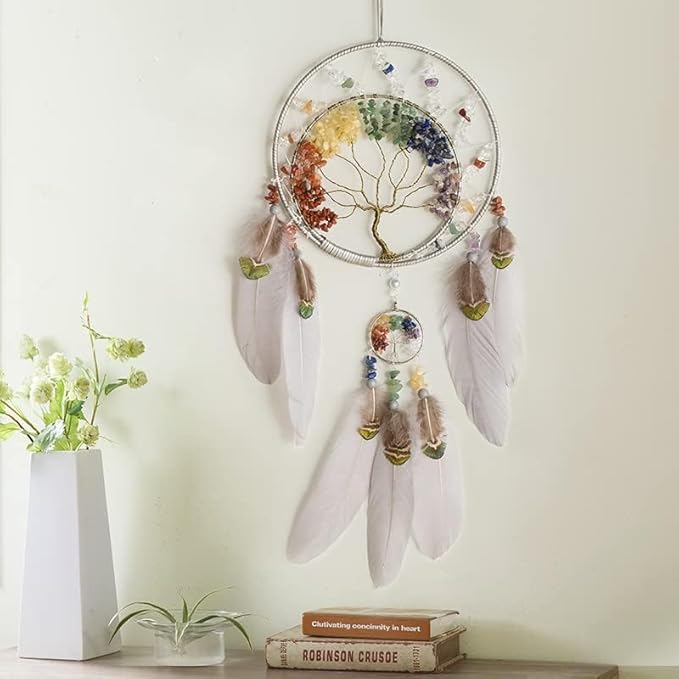 7 Chakras Tree of Life Dream Catcher Wall Decor with Rainbow Healing Crystal Stone Handmade Gray Feather DreamCatchers Wall Hanging Ornaments for Bedroom Home Decor Blessing Gift Wedding Party-23.6"