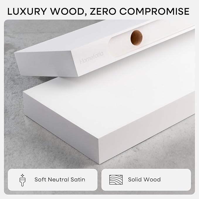 Homeforia Floating White Shelf 60 inches, High End Solid Real Wood 60inch Long Floating Shelves for Wall Mounted, White Wooden 60in Floating Shelves, Heavy Duty Bracket, 60 X 6.5 X 1.75 inch, Set of 3
