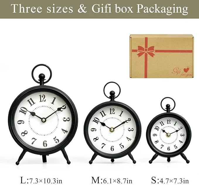 Vintage Black Table Clock on Stand, Decorative Desk and Shelf Clock，Decorative Battery Operated Table Top Clock for Living Room，Silent Non-Ticking(Small)