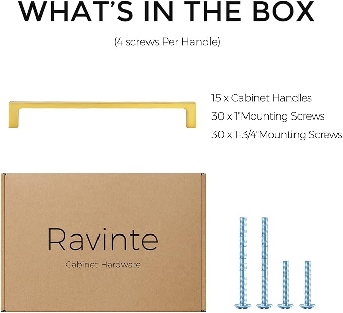 Ravinte 15 Pack Solid 7-1/2 Inch Square Cabinet Handles - Brushed Brass Drawer Pulls - Kitchen Hardware and Handles