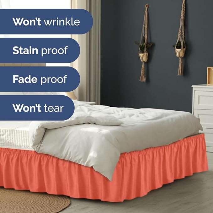 Wrap Around Dust Ruffle Bed Skirt - Coral - for King Size Beds with 24 Inch Drop - Easy Fit Elastic Strap - Adjustable Pleated Bedskirt w/Brushed Fabric - Wrinkle Free - for Women, Men, Kids & Teens
