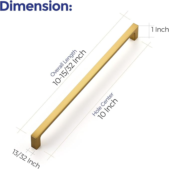 Ravinte 20 Pack 10 Inch Solid Square Cabinet Pulls - Brushed Brass Handles for Kitchen Cabinets & Drawers