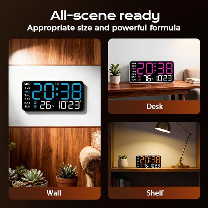 Multifunctional Decorative Led Digital Wall Clock,Large Digital Clock Shows Time,Date,Temperature,Auto Brightness Adjustment,Dual Alarms,Electronic Clock for Livingroom (Green lamp with black shell)