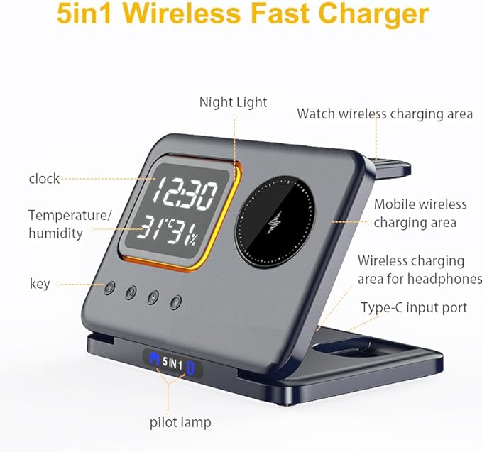 IHAO 5in1 Multi Functional Wireless Charger with Digital Clock 18W Fast Charge Night Light Temperature Display Magnetic Attraction Compliant for iPhone, Apple Watch and Qi Headphone-DH13 Black
