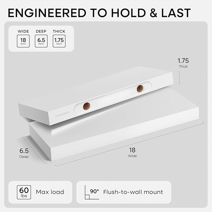 Homeforia White Floating Shelf 18 inch, High End Solid Real Wood 18inch Bathroom Floating Shelves for Wall Mounted, White Wooden 18in Floating Shelves, Heavy Duty Bracket, 18 X 6.5 X 1.75 in, Set of 2