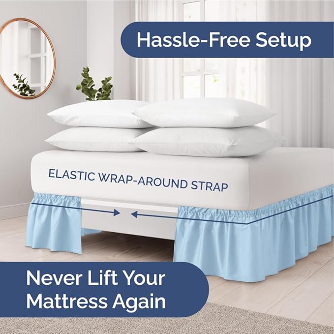 Wrap Around Dust Ruffle Bed Skirt - Light Blue - for Queen Size Beds with 12 Inch Drop - Elastic Strap - Adjustable Pleated Bedskirt with Brushed Fabric and Wrinkle Free - For Women, Men, Kids & Teens