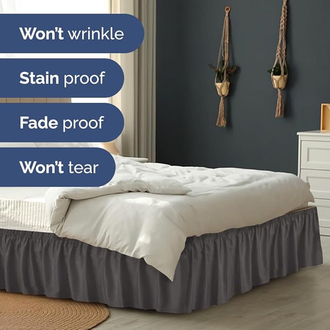 Wrap Around Dust Ruffle Bed Skirt - Charcoal - for Queen Size Beds w/ 15 Inch Drop - Easy Fit Elastic Strap - Adjustable Pleated Bedskirt w/Brushed Fabric - Wrinkle Free - Women, Men, Kids & Teens