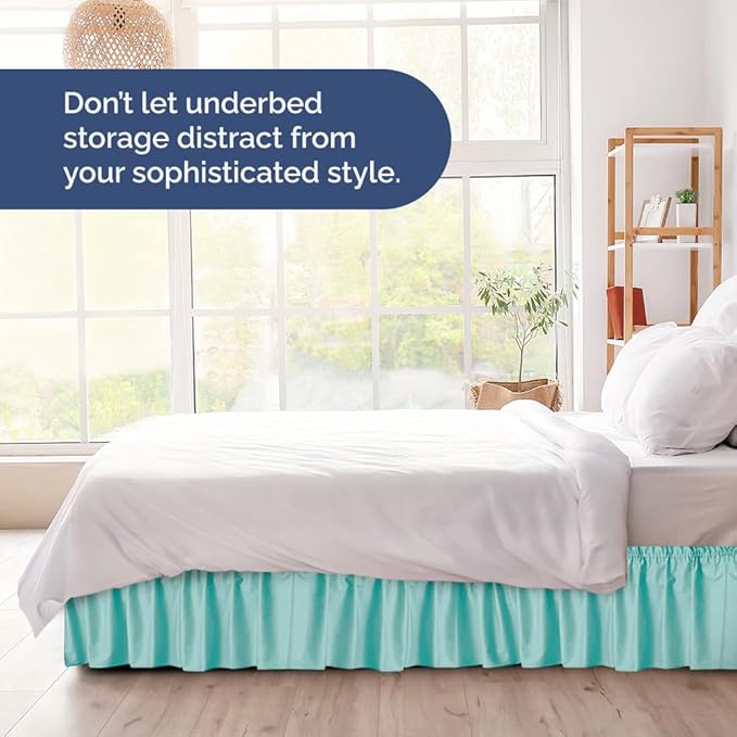 Wrap Around Dust Ruffle Bed Skirt - Spa Blue - for Full Size Beds with 18 Inch Drop - Easy Fit Elastic Strap - Adjustable Pleated Bedskirt w/Brushed Fabric Wrinkle Free - for Women, Men, Kids & Teens